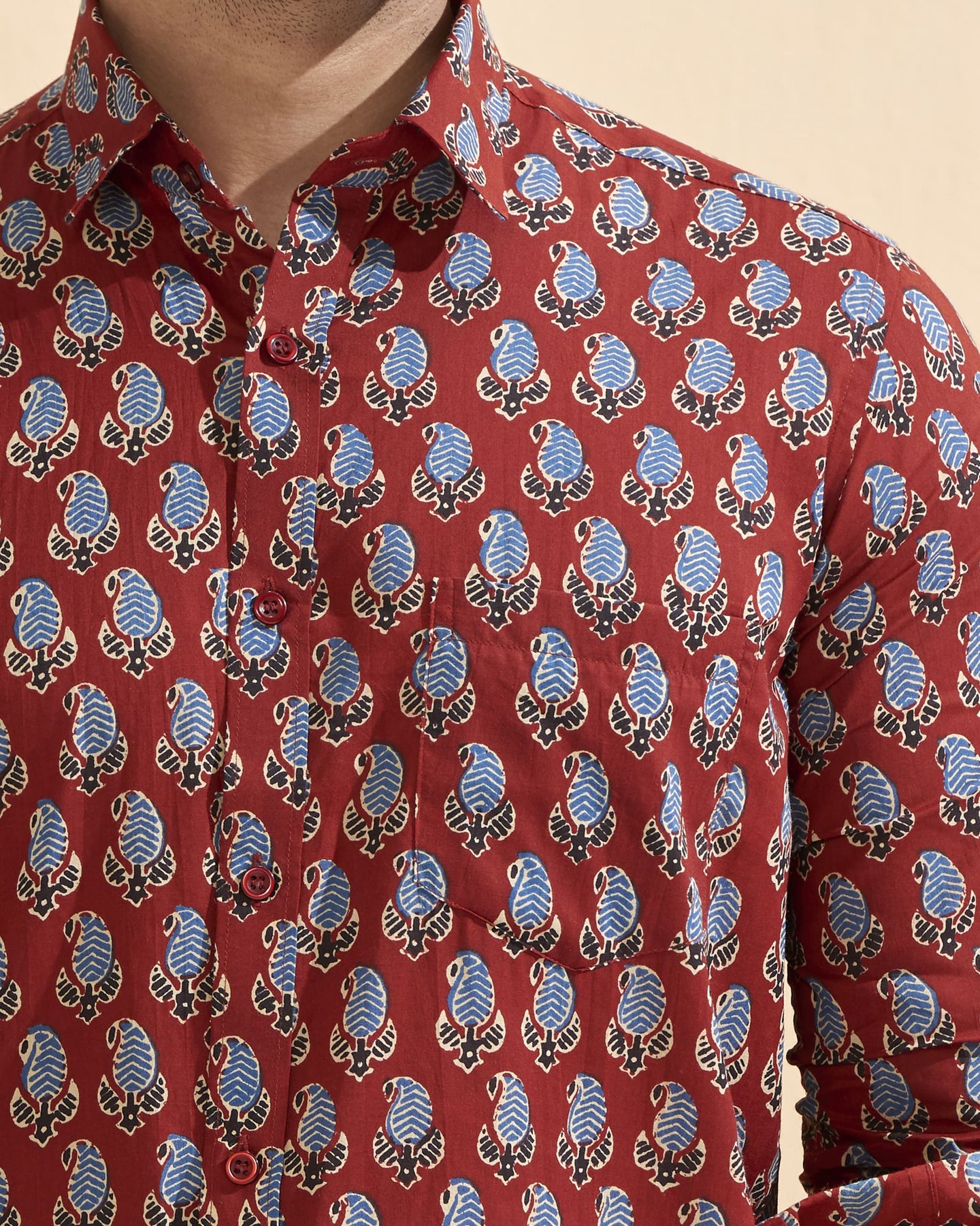 Maroon Full Sleeve Cotton Hand Block Printed Men's Shirt